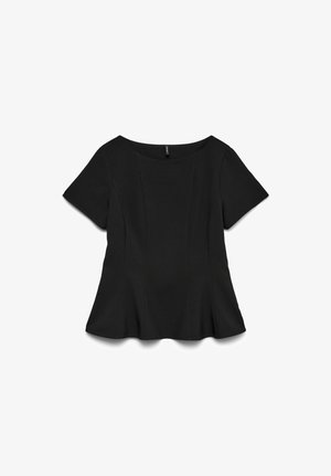 Haut noir à manches courtes avec basque, col large et coutures structurées, présentant un ourlet légèrement évasé et une texture de tissu lisse.