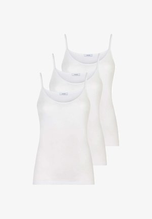 Tre canottiere bianche senza maniche, realizzate in tessuto morbido ed elastico con spalline sottili e scollo arrotondato, caratterizzate da una superficie liscia e senza decorazioni.