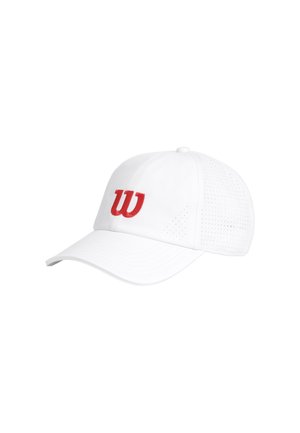 Biała czapka baseballowa z zakrzywionym daszkiem, perforowanymi bocznymi panelami i czerwonym, haftowanym logo "W" z przodu.