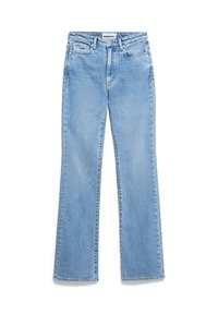 Jeans de mezclilla azul claro con un diseño de pierna recta, cinco bolsillos y costuras visibles. La tela tiene una textura suave con un ligero desgaste.
