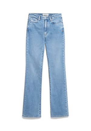 Helle jeans in Hellblau aus Denim mit geradem Bein Design, fünf Taschen und sichtbaren Nähten. Der Stoff hat eine weiche Textur mit einer leichten Ausbleichung.