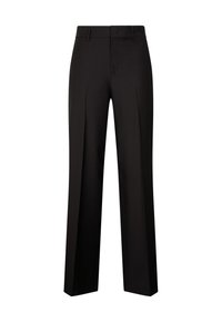 Czarne spodnie dressowe o prostym kroju, z paskiem, fałdami z przodu i ukrytym zapięciem, prezentowane na białym tle.