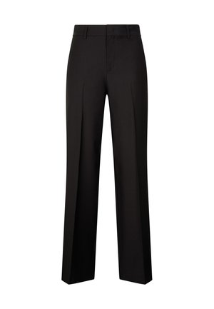 Pantaloni eleganti neri a gamba dritta con passanti per cintura, pieghe frontali e chiusura frontale nascosta, presentati su uno sfondo bianco.