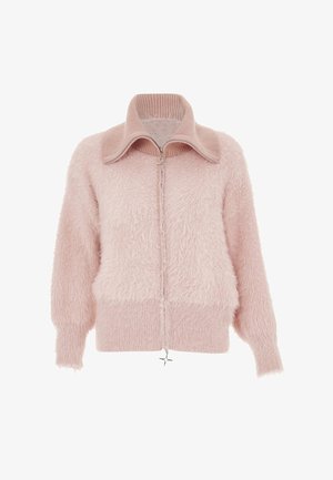 Plyssig lyserød zip-jacke med høj krave, ribkantede manchetter og bund. Tekstiler med varierende længder af bløde fibre. Sølvhardware som accent.