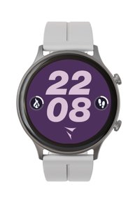 Smartwatch con display rotondo viola, grandi numeri bianchi che mostrano l'ora (22:08), cornice metallica grigia e cinturino in silicone bianco. Due icone di app visibili.