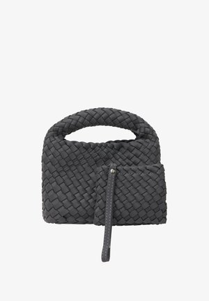 Vævet grå håndtaske med et rundt topgreb og en aftagelig frontlomme, der har en glat tekstur og diskrete syninger.