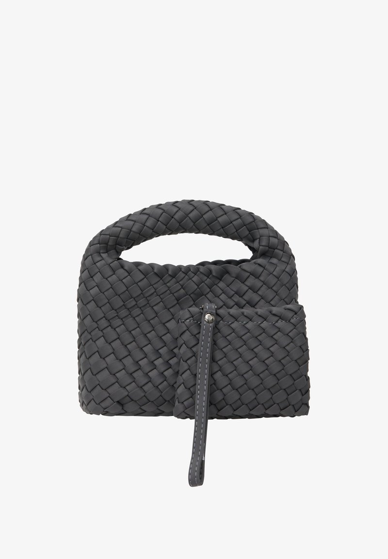 Bolso de mano tejido en gris con un asa superior redondeada y un bolso frontal desmontable, que presenta una textura suave y sutilezas en la costura.