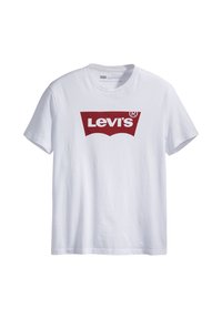 White short-sleeve t-shirt made of cotton featuring a large red Levi's logo above a curved design at the chest area.