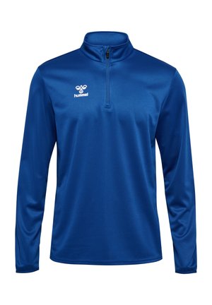 Blauwe sportieve kwart-rits pullover gemaakt van een zachte, lichte stof; heeft lange mouwen en een wit logo op de linkerborst.