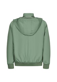 Mintgrüne Jacke mit Kapuze, elastischen Bündchen und einem elastischen Saum. Glatte Textur, einfaches Design und keine sichtbaren Muster oder Beschläge.