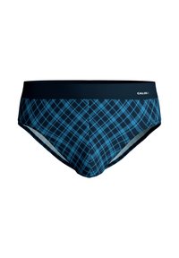 Blaue Karospeedos mit einem dunklen Bund. Besitzt ein geometrisches Muster aus hellen und dunklen blauen Quadraten. Hergestellt aus dehnbarem Material.