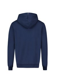 Sudadera color azul marino con bolsillo tipo canguro, puños y dobladillo acanalados. Cuenta con una capucha con cordón y una suave tela de mezcla de algodón.