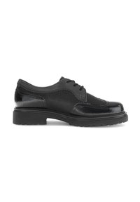 Scarpe da uomo in pelle nera con un design testurizzato, punta arrotondata e suola bassa e robusta per una migliore aderenza. I lacci passano attraverso i fori.
