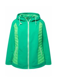 Vihreä huppari, jossa on vaaleammat pehmustetut sivupaneelit, kaksi vetoketjullista taskua ja nyöritettävä huppu. Pehmeä ja sileä rakenne.
