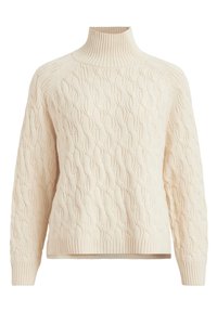 Pull encolure roulée couleur crème avec un motif de tricot en câble, des poignets et un ourlet côtelés. Texture douce, coupe décontractée et manches longues.