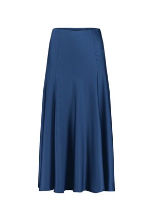 Jupe midi en satin bleu avec coupe évasée et tissu lisse et fluide.