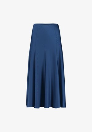 Jupe midi en satin bleu avec coupe évasée et tissu lisse et fluide.