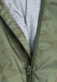 Grøn jakke med en glat tekstur og lynlåslukning. Har en lys grå indvendig foring og et diskret dinosaurmønster på ydersiden.