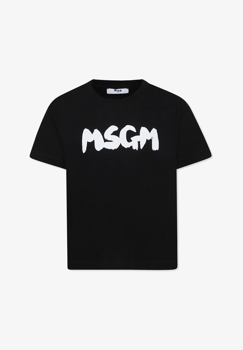 T-shirt di cotone nero con una grafica bianca audace "MSGM" stampata sul fronte. Collo a giro classico e maniche corte. Vestibilità regolare.