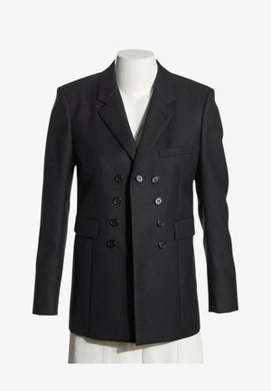Schwarzer doppelreihiger Blazer mit sechs Knöpfen, Kerbkragen und Vordertaschen, dargestellt auf einem weißen Schaufenstertorso.