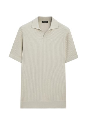Polo a maniche corte in maglia a coste color beige chiaro con collo aperto, vestibilità sagomata e etichetta Massimo Dutti all'interno del collo.