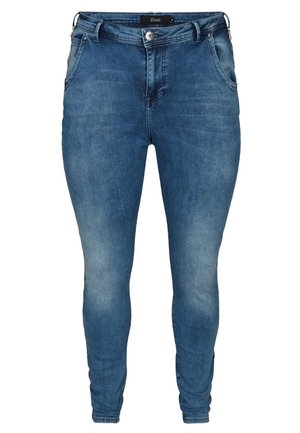 Blaue Skinny-Jeans mit vorderen Taschen, Gürtelschlaufen, Knopfverschluss und leichtem Verblassen an Oberschenkeln und Knien.