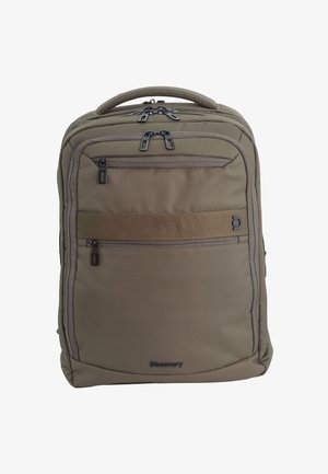 Kompakter brauner Rucksack mit mehreren Reißverschlussfächern, einem Tragegriff oben und dem "Discovery"-Logo auf der Vorderseite.