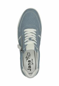 Light blue sneaker with woven texture, white laces, side zipper, and light sole. Features a fabric interior with a logo printed.