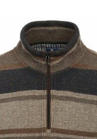 Multikleurige pullover met een hoge kraag, voorzien van horizontale strepen in bruin, beige en marineblauw. Ritsdetail aan de voorkant en ribbelstructuur.