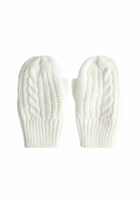 Adītas cimdi baltā krāsā. Izceļas ar teksturētu kabeli un ribainiem aprocēm. Mīksts, silts materiāls ar nedaudz masīvu dizainu.