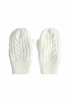 Knitted mittens in white. Features textured cable pattern and ribbed cuffs. Soft, warm material with a slightly chunky design.