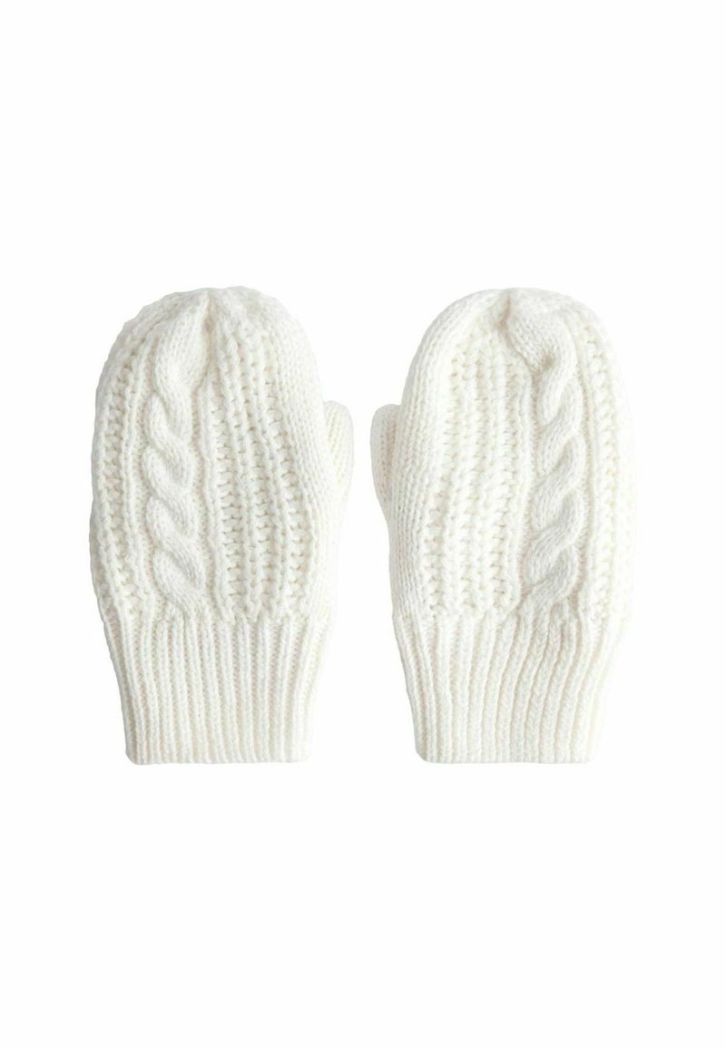 Adītas cimdi baltā krāsā. Izceļas ar teksturētu kabeli un ribainiem aprocēm. Mīksts, silts materiāls ar nedaudz masīvu dizainu.