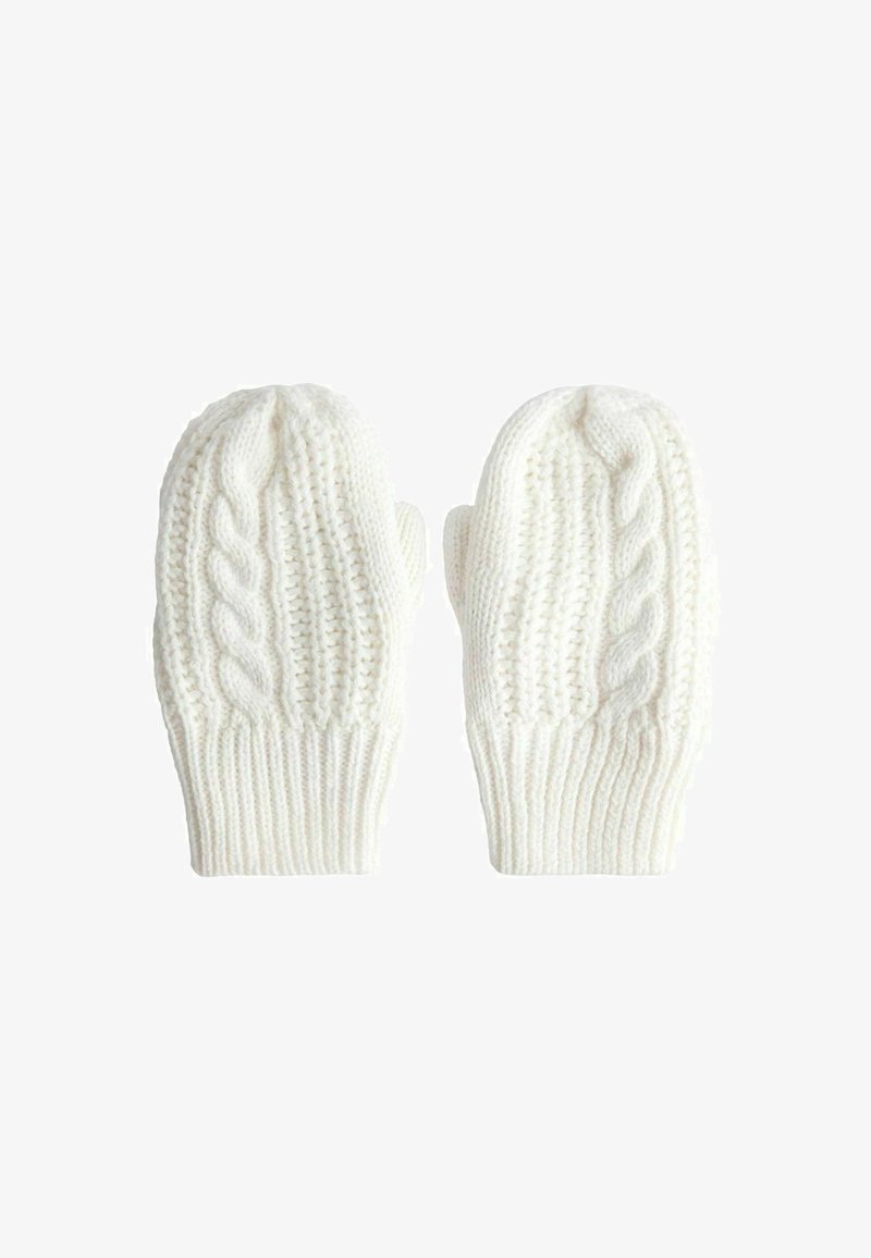 Pletené rukavice v bílé barvě. Mají strukturovaný vzor kabelu a žebrované manžety. Měkký, teplý materiál s mírně robustním designem.