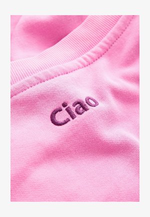 Roosa kangas sujuva tekstuuriga, millel on tumelilla tikandiga sõna "Ciao", ribakrae lähedal.