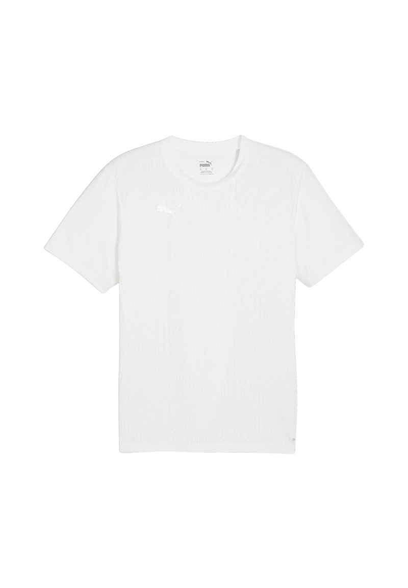 Witte T-shirt met korte mouwen en een subtiel textuurpatroon, voorzien van een klein wit Puma-logo op de linkerborst en een ronde hals.