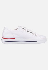 White leather sneaker with silver eyelets, red and blue striped accents on the sole, flat lace closure, and a rounded toe design.