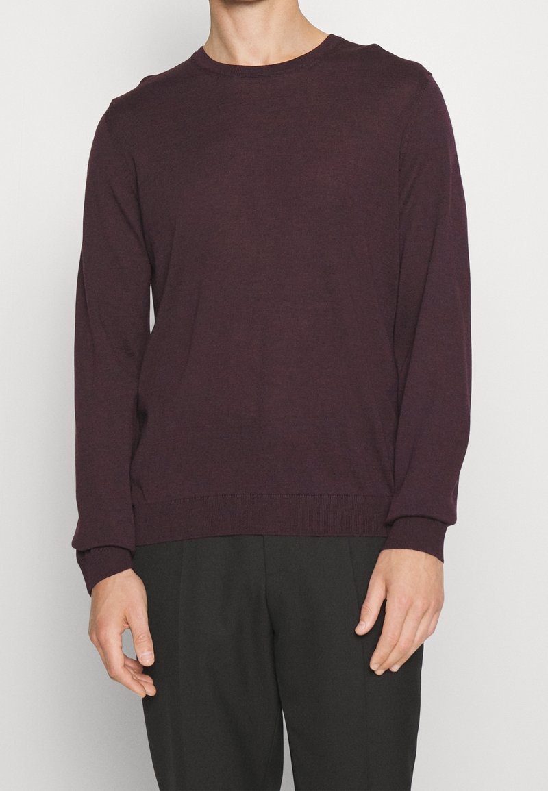 Homme portant un pull uni violet foncé à manches longues et un pantalon noir, debout devant un fond uni clair.