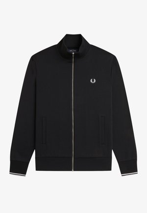 Schwarze Zip-Up-Jacke mit Stehkragen, gerippten Bündchen mit weißen Streifen, Seitentaschen und kleinem weißen Lorbeerkranz-Logo auf der Brust.
