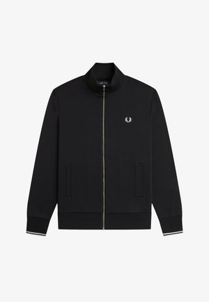 Schwarze Zip-Up-Jacke mit Stehkragen, gerippten Bündchen mit weißen Streifen, Seitentaschen und kleinem weißen Lorbeerkranz-Logo auf der Brust.