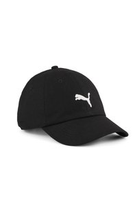 Čierna baseballová čiapka vyrobená z bavlny s zakriveným okrajom, na prednej strane s bielym vyšitým logom Puma. Šesť vetracích otvorov.