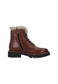 Botas de tobillo de cuero marrón con un suave cuello de piel, cordones y cremallera lateral. Suela de goma gruesa con un patrón de relieve visible.