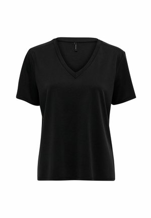T-shirt noir à manches courtes avec un col en V, confectionné dans un tissu doux et lisse, avec une coupe classique et sans motifs ni accents visibles.
