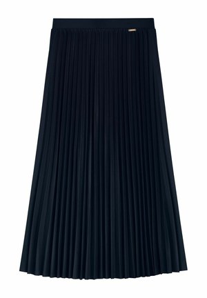 Czarna plisowana spódnica midi z dopasowanym pasem i małą prostokątną metalową metką z logo w pobliżu talii.