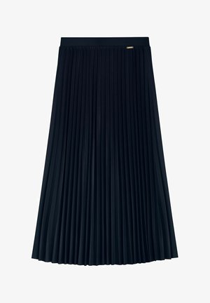 Czarna plisowana spódnica midi z dopasowanym pasem i małą prostokątną metalową metką z logo w pobliżu talii.