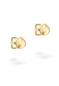 Goldene Ohrstecker mit einem abgerundeten, glatten Design. Aus poliertem Metall mit einem leichten Glanz, gesichert mit einem Stiftverschluss.