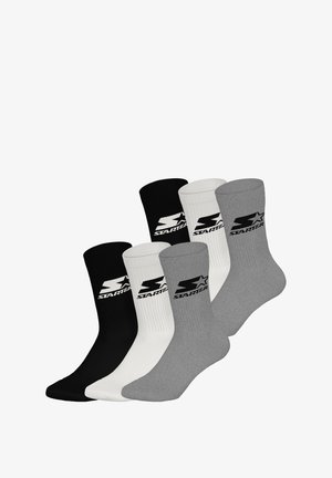 Drei Paar Socken in Schwarz, Weiß und Grau; aus geripptem Material mit einem auf jedem Paar aufgedruckten Logo.
