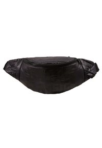 Sac banane noir rembourré avec poche avant zippée et sangles latérales réglables, conçu pour un transport mains libres.
