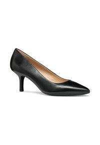 Black leather high-heeled pump with a pointed toe, subtle sheen, and a square-shaped heel. Interior lined with light-colored material.