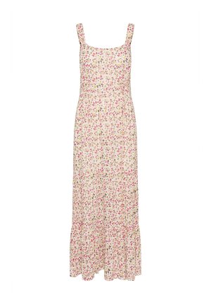 Robe d'été longue sans manches avec motif floral rose et beige et ourlet à volants sur fond blanc.