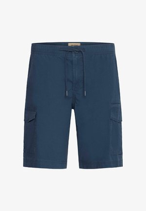 Pantaloni cargo blu navy realizzati in tessuto leggero, con vita elastica e cordoncino, e tasche laterali per lo stoccaggio.
